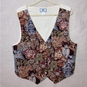 Vintage Cats Kitten Tapestry Vest Gold Heart Buttons Kitty Print Women’s XXL